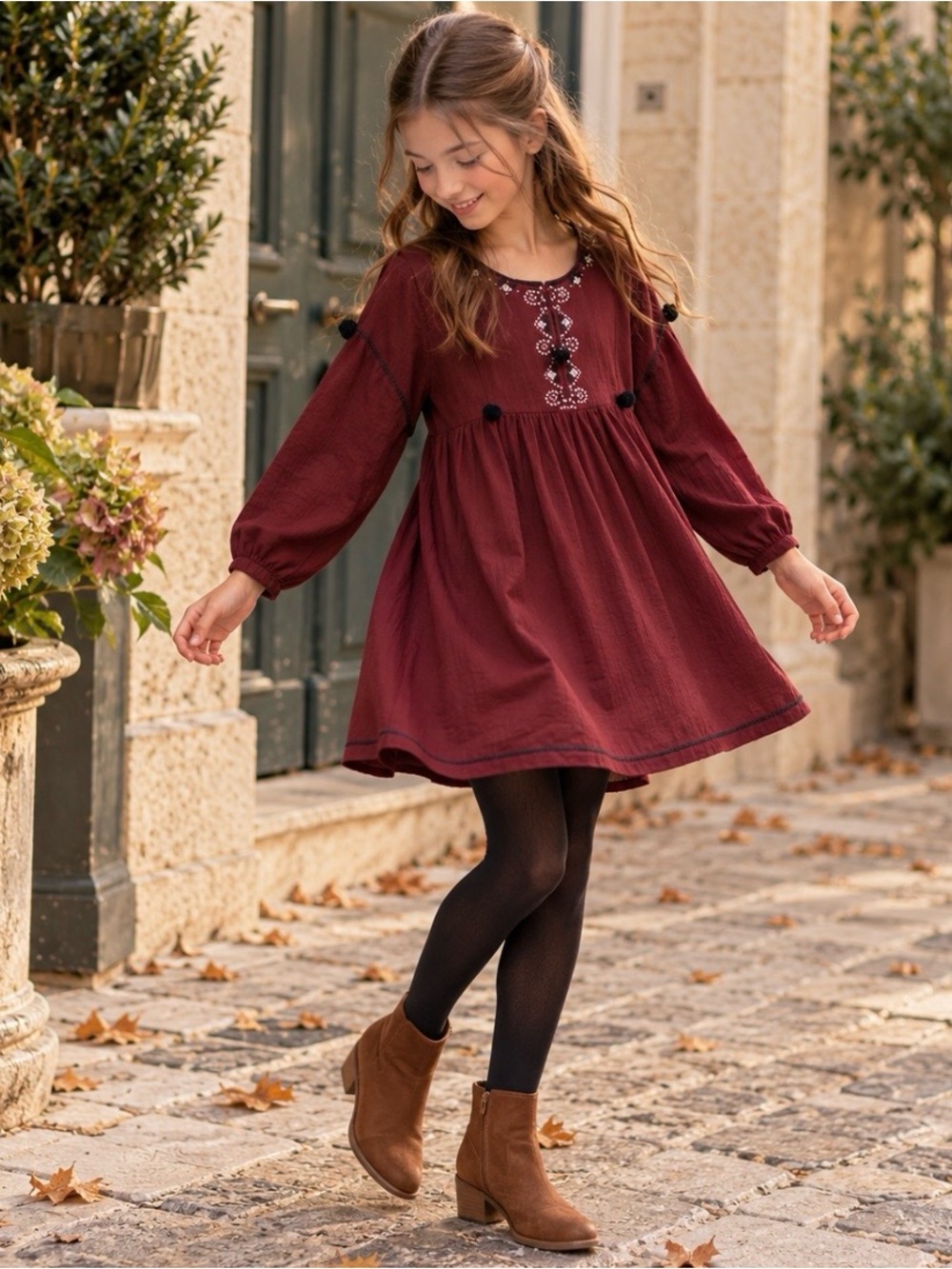 Zara Girls Embroidered Boho Peasant Babydoll Dress Burgundy Size 11-12